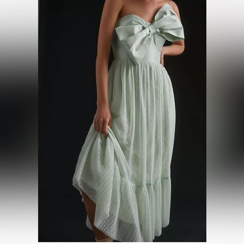 Anthropologie Mint Green Strapless Midi Dress with Bow
